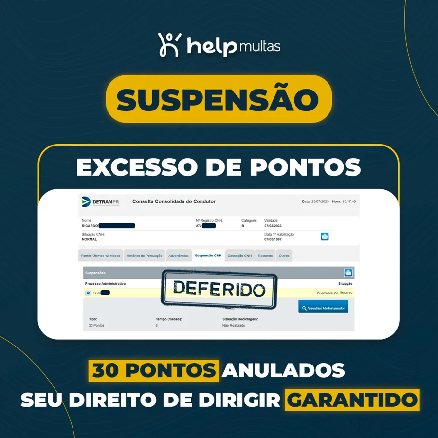 Resultado deferido: processo de suspensão por 30 pontos arquivado no DETRAN-PR