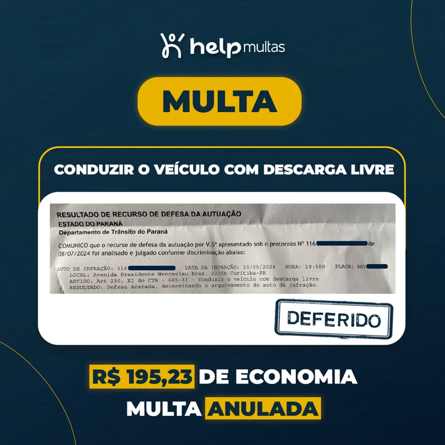 Resultado deferido: multa por conduzir com descarga livre anulada em Curitiba